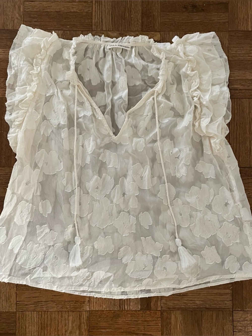 Ulla Johnson Floral Jacquard Silk Ruffle Top | Size 0 | Ivory/Cream